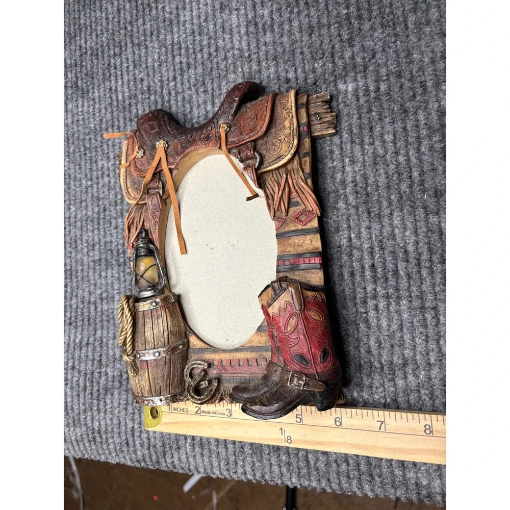 Western Cowboy Saddle Boots Resin Picture Frame Oval Rustic Farmhouse Decor